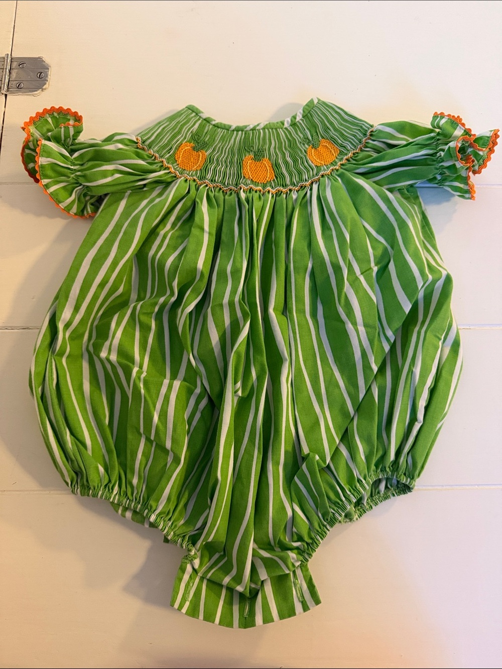 Girls Green Striped Smocked One-Piece with Orange Accents